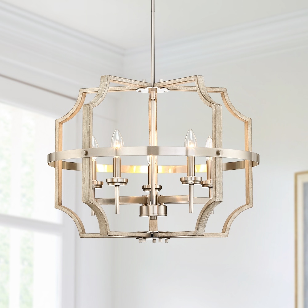 Richwood 5-Light Brushed Nickel/White-Washed Wood Tone Modern Farmhouse Chandelier - 65.5'' H Max