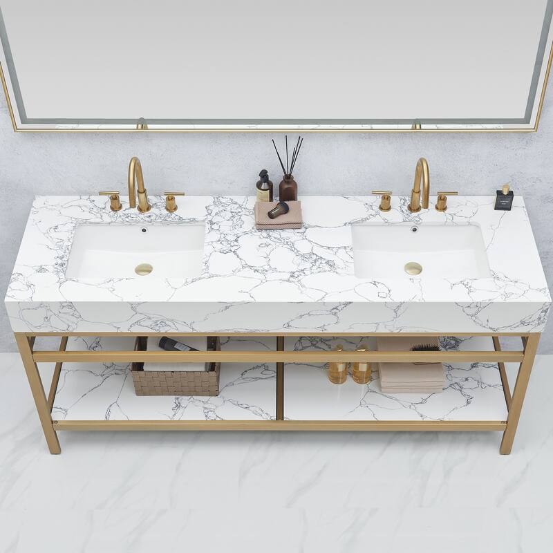 Ecija Bath Vanity, Metal Support with Composite Stone Top and Mirror