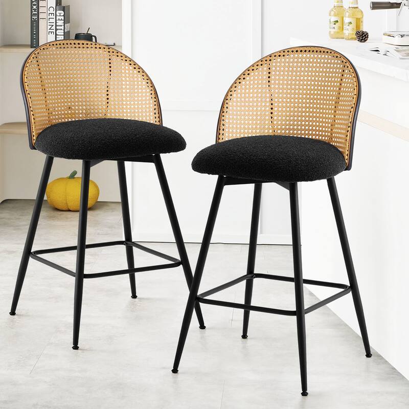 26-Inch Swivel Counter Height Bar Stools with Rattan Back - 36"H x 18.5"W x 19.7"D
