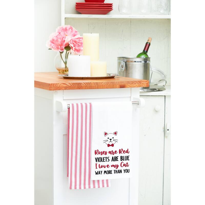Valentine's Day "I Love My Cat" Whiskers Embroidered Flour Sack Kitchen Dishtowel