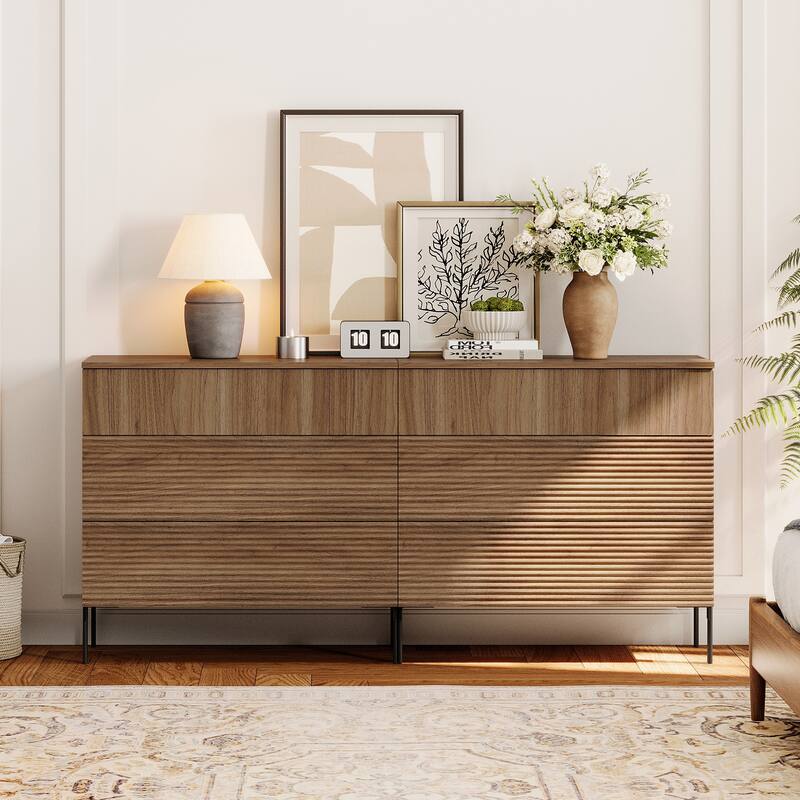 4 Pcs Bedroom Set，Reeded 6 Drawer Dresser and Nightstand Sets for Bedroom, Night Stand Set of 2