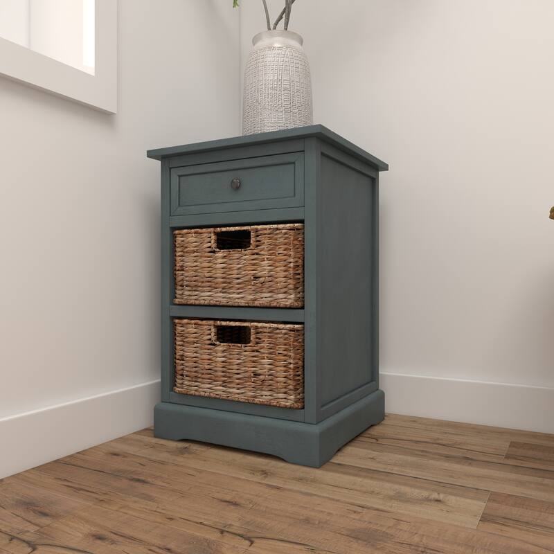 Cream, Teal, White or Brown Wood 2 Baskets and 1 Drawer Storage Unit - 16 x 13 x 28