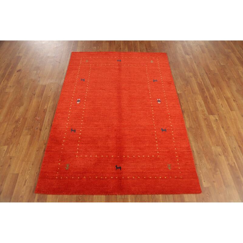 Orange Tribal Gabbeh Rug Hand-Knotted Wool Carpet - 4'0" x 5'10"