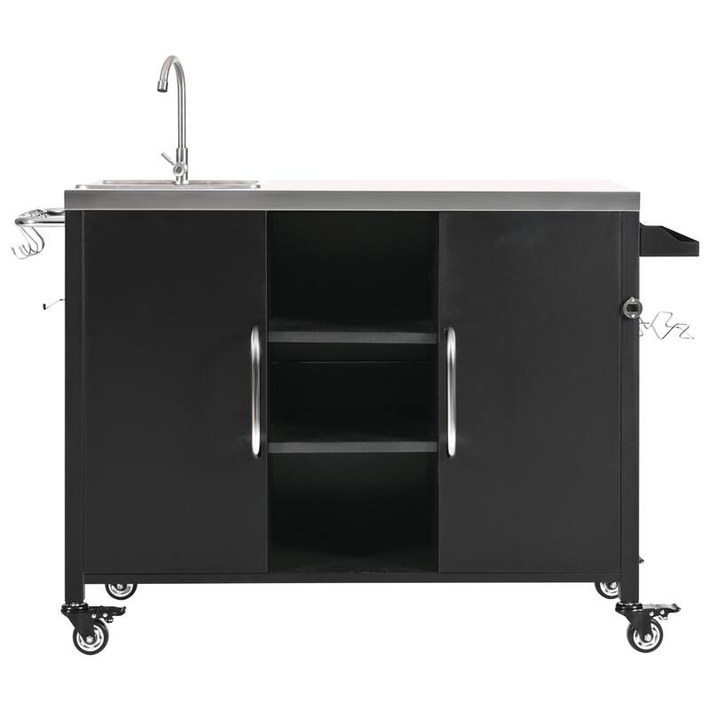 Metal Tabletop Kitchen Island with Stainless Steel Sink, Built-in Partition and Rolling Grill Cart, Pantry Storage Cabinet