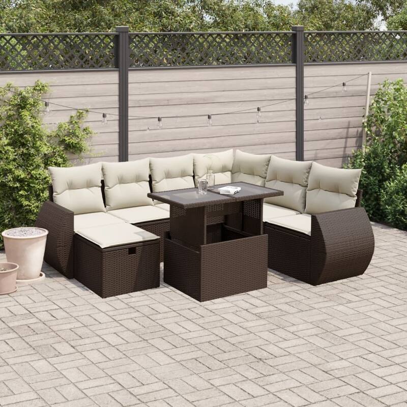 vidaXL Patio Sofa Set with Cushions Outdoor Furniture 8 Piece Poly Rattan - Brown and cream - 21.7 x 39.4 x 27.2 in