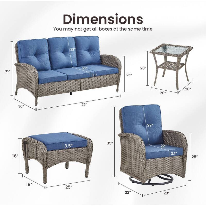 Gymojoy 6-Piece Outdoor Wicker Patio Furniture with 3 Seat Sofa & Swivel Chair, Coversation Set with Water Resistant Cushions