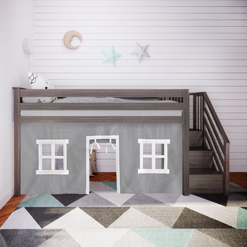 Max and Lily Twin Low Loft with Stairs and Curtains