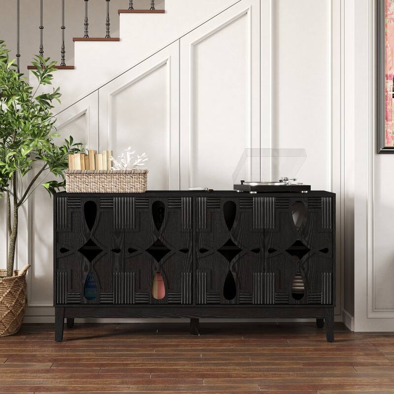 Hollow-Carved Accent Cabinet Sideboard Buffet Cabinet, 60.5" Entrance Storage Cabinet Media Console Table with 4 Doors - Black