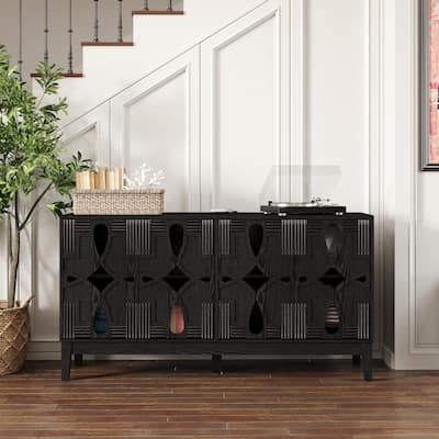 Hollow-Carved Accent Cabinet Sideboard Buffet Cabinet, 60.5" Entrance Storage Cabinet Media Console Table with 4 Doors