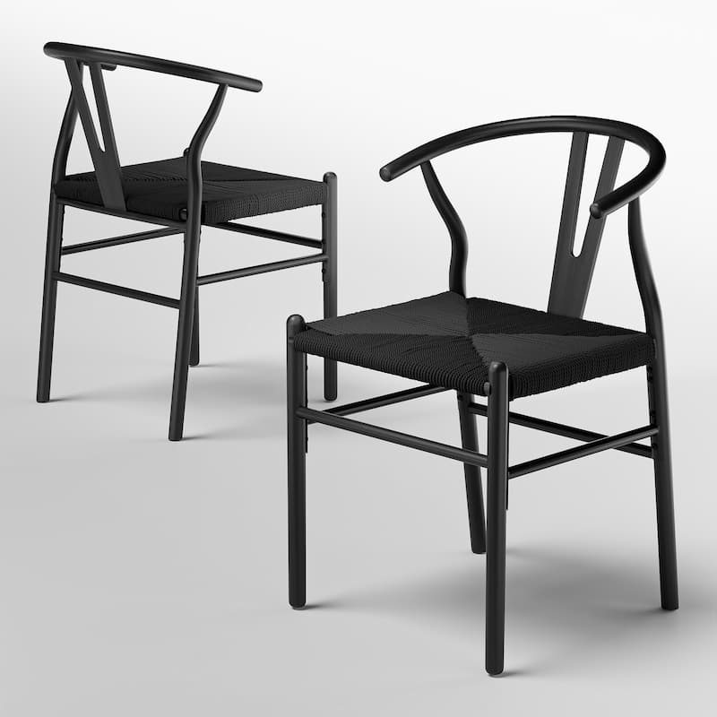 Set of 2 Handwoven Boho Dining Chairs - Full Black-2Set