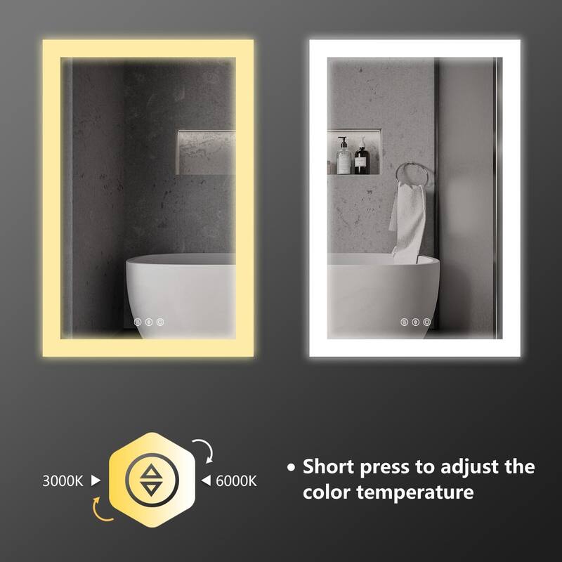 LED Bathroom Vanity Mirror Wall Mounted Dimmable Anti-Fog Mirror with 3 Buttons Vertical & Horizontal Hang
