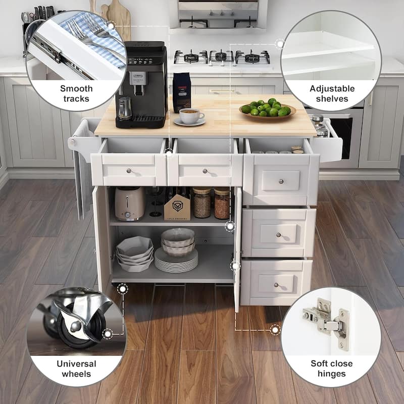 Rolling Kitchen Island with Drop Leaf - Mobile Cart with Wooden Countertop, Spice Rack, Adjustable Shelves & Drawers