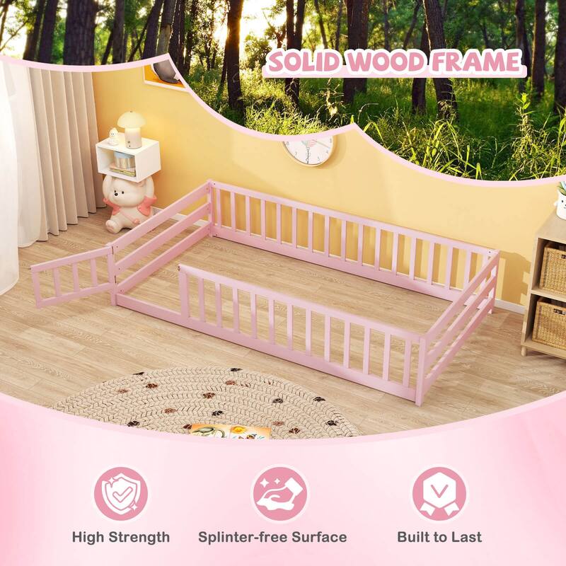Costway Twin Size Floor Bed with Door & Fence with Safety Guardrails &