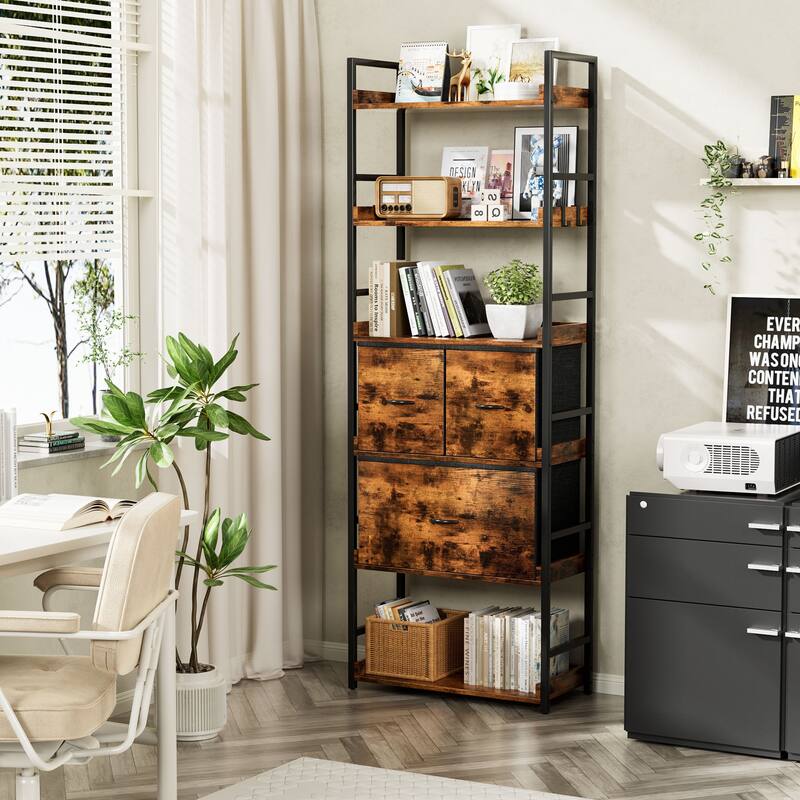 Furniwell 6 Tier Ladder Bookshelf,Metal Frame,Storage Organizer - Black/Brown
