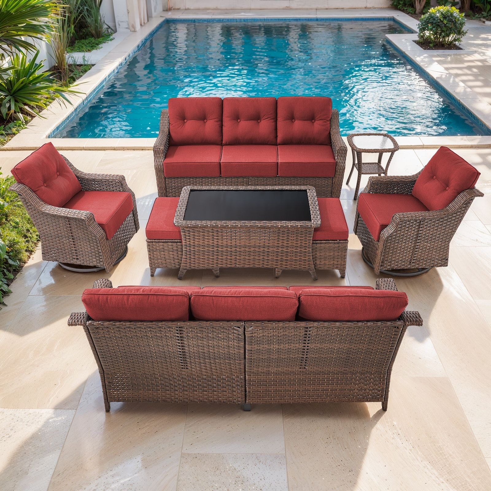 Meyreso 8-Piece Patio Brown Wicker Sofa Conversation Set with 6-Inch Thick Cushions