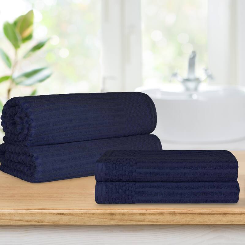 Superior Ribbed Cotton Absorbent Heavyweight Bath Sheet and Bath Towel Set - Navy Blue