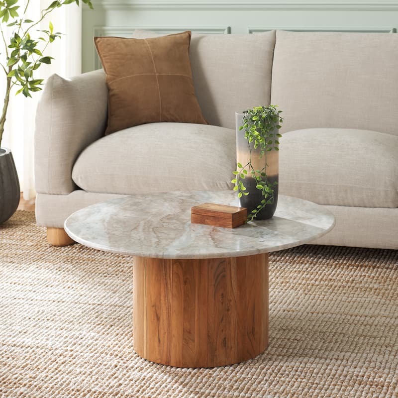 SAFAVIEH Home Augsburg Marble Coffee Table - 32"W x 32"D x 32"H - Off White/Walnut