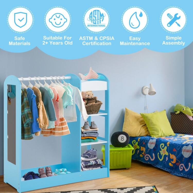 Kids Dress-Up Armoire with Mirror & Storage Wooden Costume Closet Organizer for Toddlers