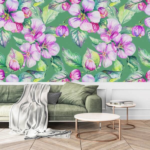 Green Wallpaper with Pink Flowers Peel and Stick and Prepasted Bed