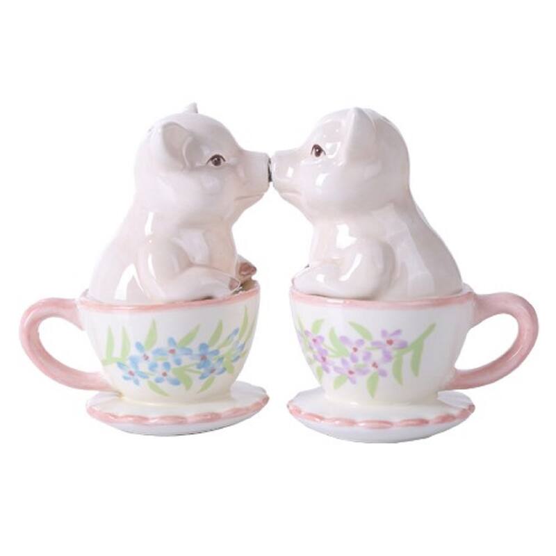 Kissing Pigs in Teacups Ceramic Salt and Pepper Shakers Magnetic - Multi