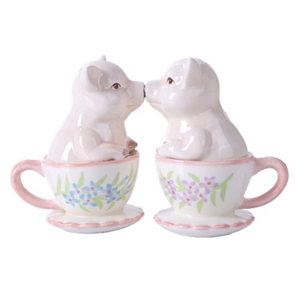 Kissing Pigs in Teacups Ceramic Salt and Pepper Shakers Magnetic - Multi