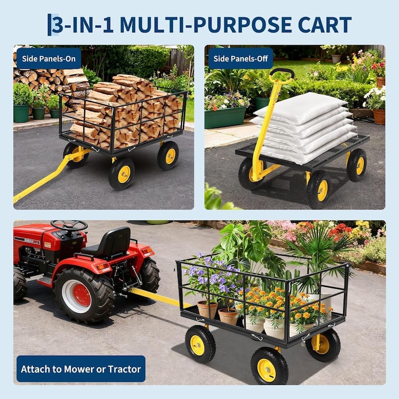 1500-lb Capacity Steel Mesh Garden Cart with Removable Sides and Wheels Black