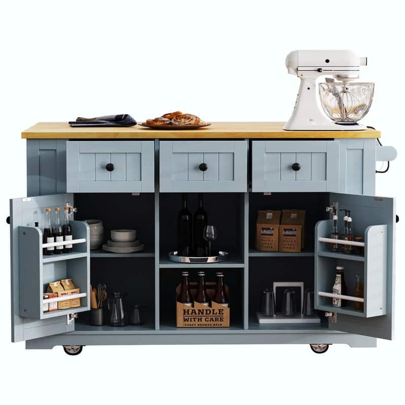 53" Rolling Kitchen Island with Drop Leaf, Power Outlet & Internal Door Storage, 5 Open Side Racks