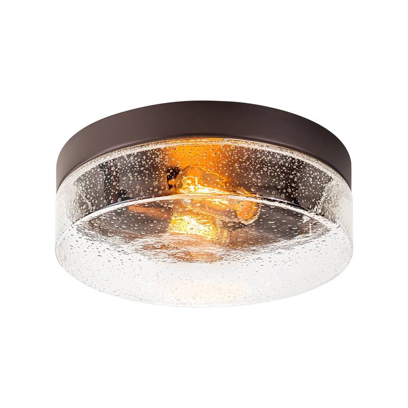 2-Light Gold/Bronze Modern Farmhouse Industrial Dimmable Dome Round Flush Mount Light with Seeded Glass Shade