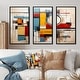 preview thumbnail 1 of 5, Designart "Geometric Colorful Atmosphere" Abstract Geometric Framed Art Set of 3 - Modern Red Wall Art Set 3 Pieces 36 in. W x 28 in. H - 3 Panels - Black