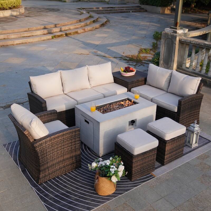 7-piece Patio Wicker Coversation Cushioned Set with Holve Fire Pit - Rectangular Table