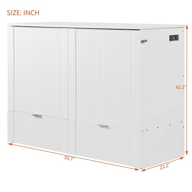 Full/Queen Size Murphy Bed Cabinet with Pulley Folding Design, USB Ports, Sockets and Large Storage Drawer