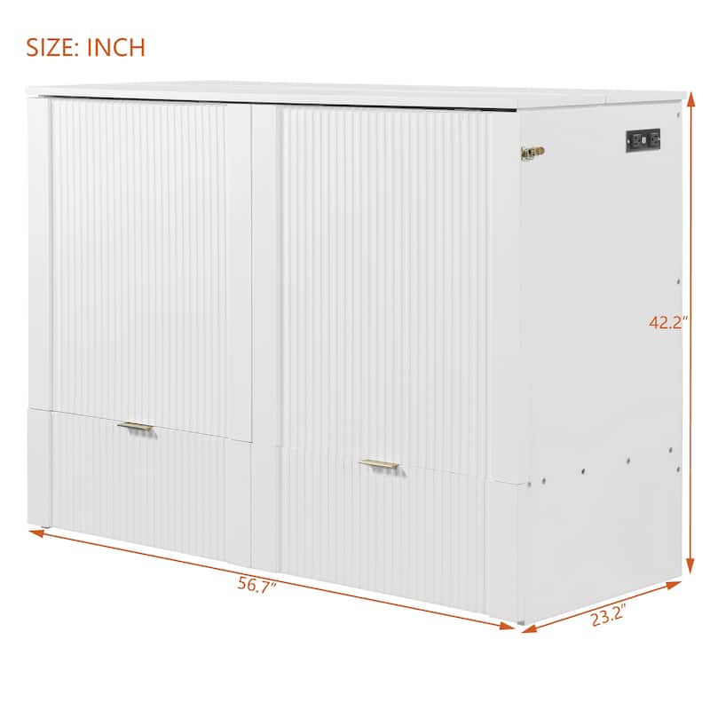Full Size Murphy Bed with drawer and a set of Sockets & USB Ports, Pulley Structure Design, White