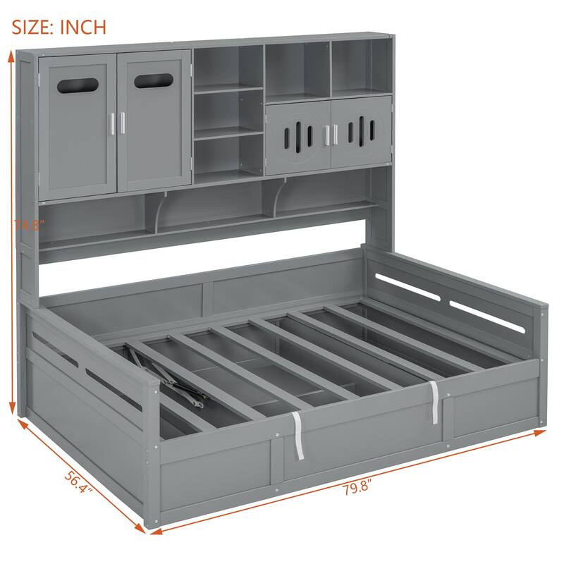 Full Size Bed Frame with All-in-One Bookcase, Full DayBed with Hydraulic Bed, Wood Platform Bed No Box Spring Needed