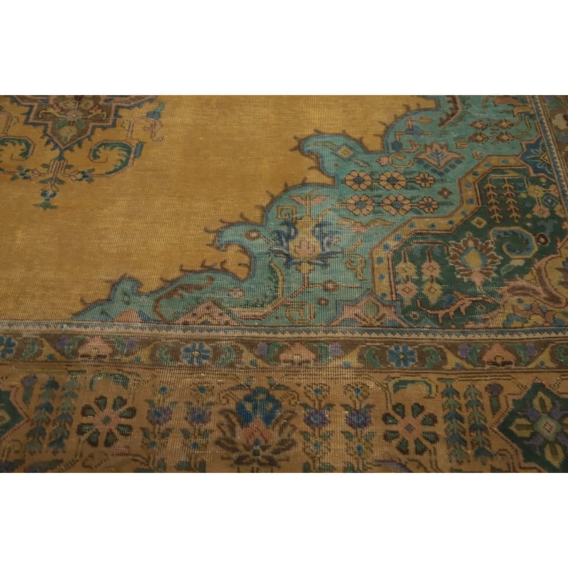Hand Knotted Oriental 100% Wool Carpet Traditional Floral Yellow & Gold Tabriz Area Rug - 12' 5'' X 9' 8''