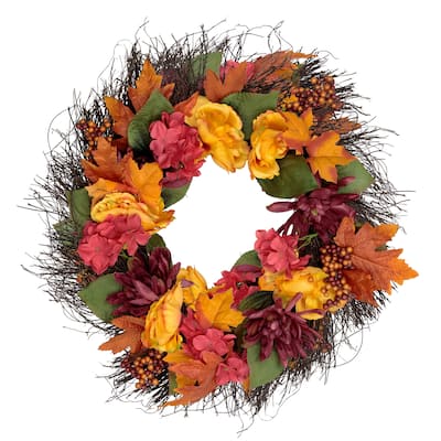 Peony and Mum Artificial Fall Harvest Wreath, 24-Inch