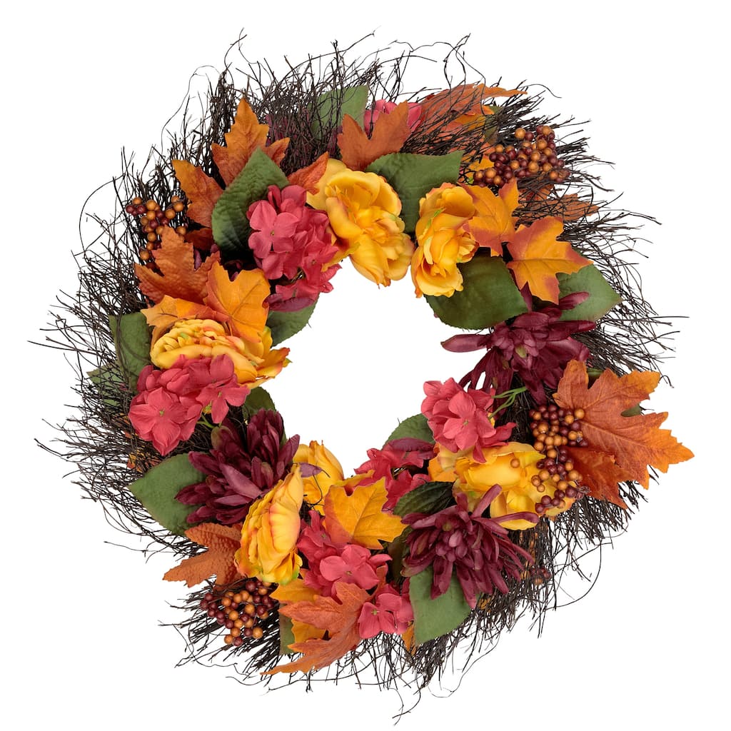 Peony and Mum Artificial Fall Harvest Wreath, 24-Inch