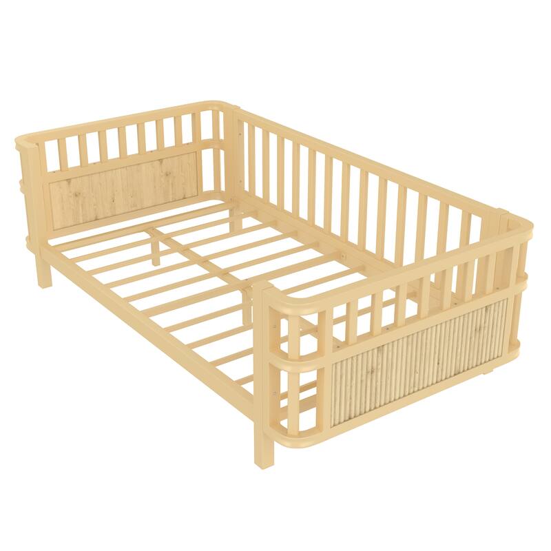 Twin Size Wooden Platform Bed with Railings - Low Profile Children's Bed for Boys & Girls
