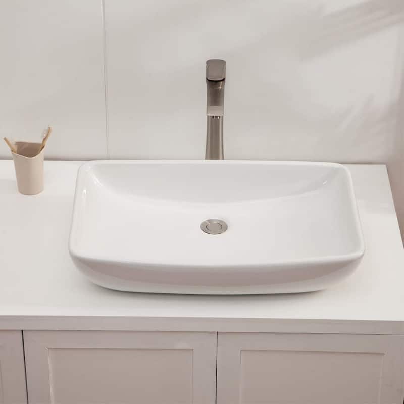 Modern White Porcelain Ceramic Rectangle Above Vessel Bathroom Sink - 24" x 15" x 5"