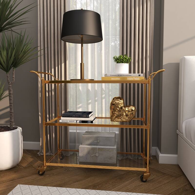 Brass Metal Rolling 3 Glass Shelves Bar Cart with Lockable Wheels