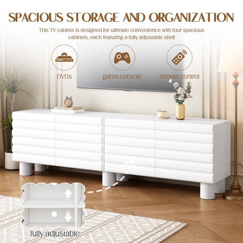 Modern TV Stand for TVs up to 75 Inches with 4 Cabinets, Adjustable Shelves and Cable Holes, for Living Room, White