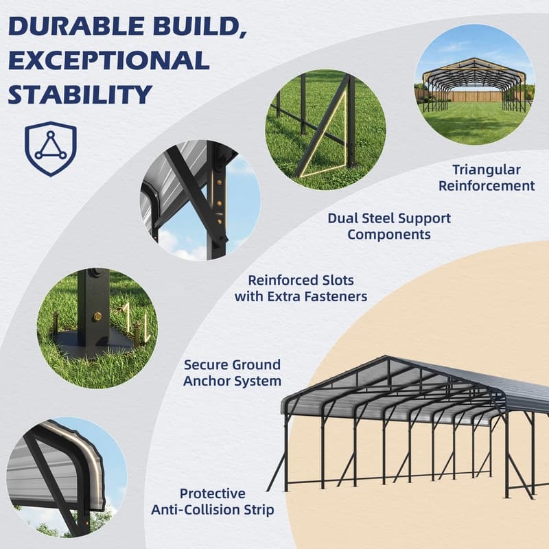 Erommy Outdoor Carport with Galvanized Steel Roof, Heavy-Duty All-Weather Shelter for Cars, Boats and Equipment