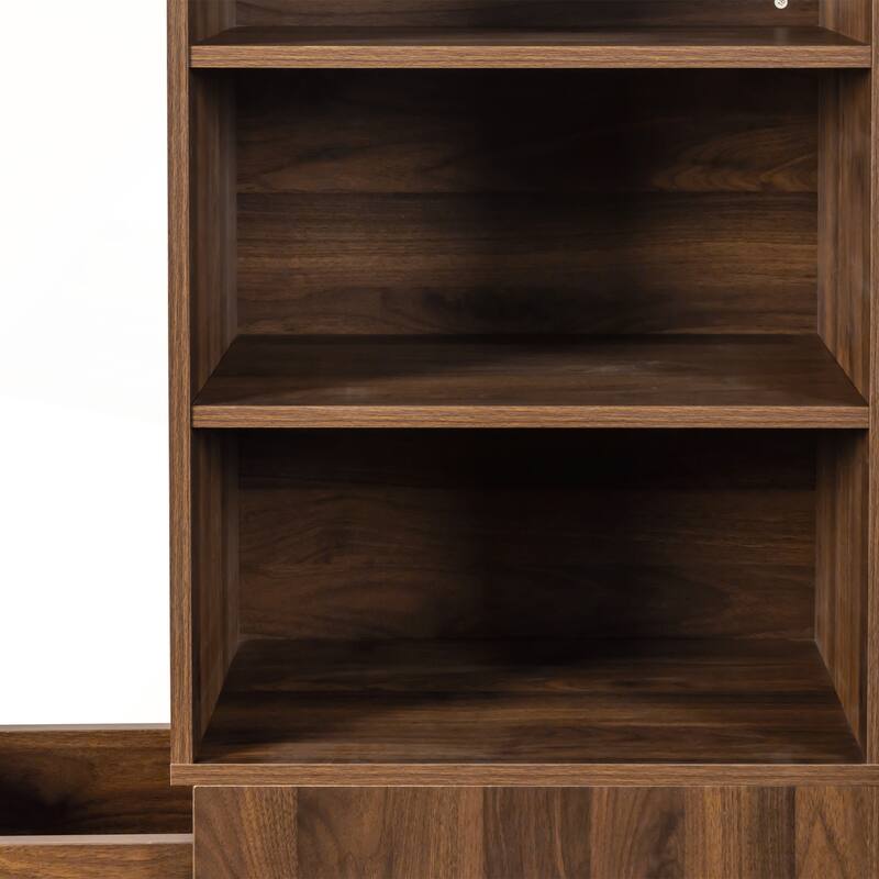 Modern Wooden Tall Display Storage Cabinet with 4-Tier Shelves and 3 Side Drawers for Living Room and Home Office