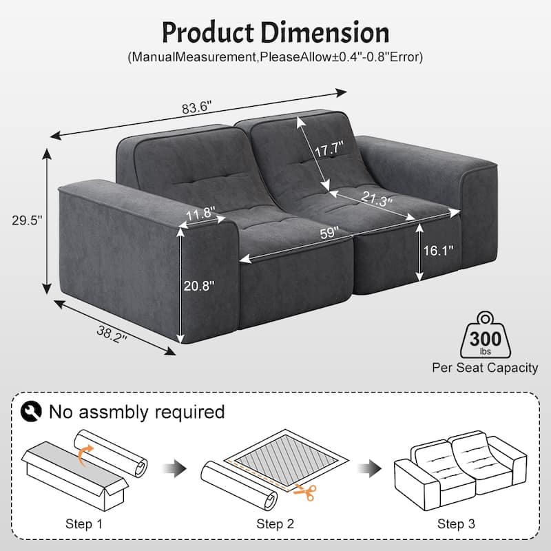 Modern Floor Sectional Sofa, 83.6" Chenille Loveseat Couch for Living Room, Tufted 2 Seater Upholstered Sofas with Deep Seat