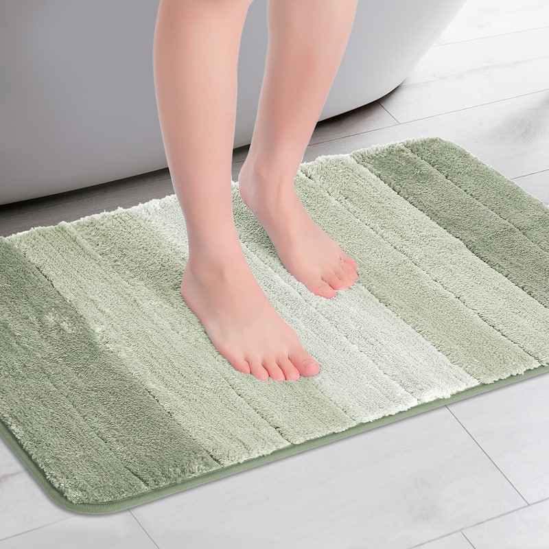 Plush Gradient Striped Bathroom Rug, Microfiber Shaggy Bathroom Mat Machine Washable with TPR Backing - Green - 16" x 24"