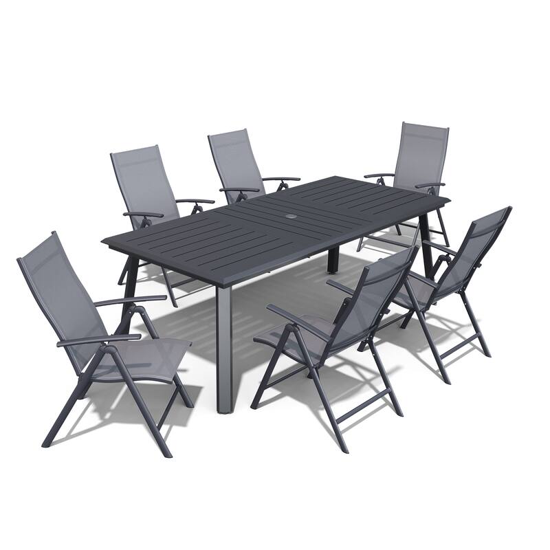 Outdoor Aluminum Dining Table with Umbrella Hole with Durable Adjustable Reclining Folding Chair - 82.7in-Black-Table&Grey-Chair