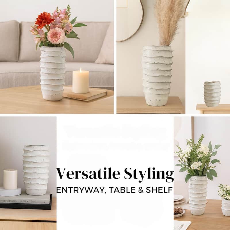 Aria Home White Creamy Ceramic Grooved Vases Modern Decor Set of 2