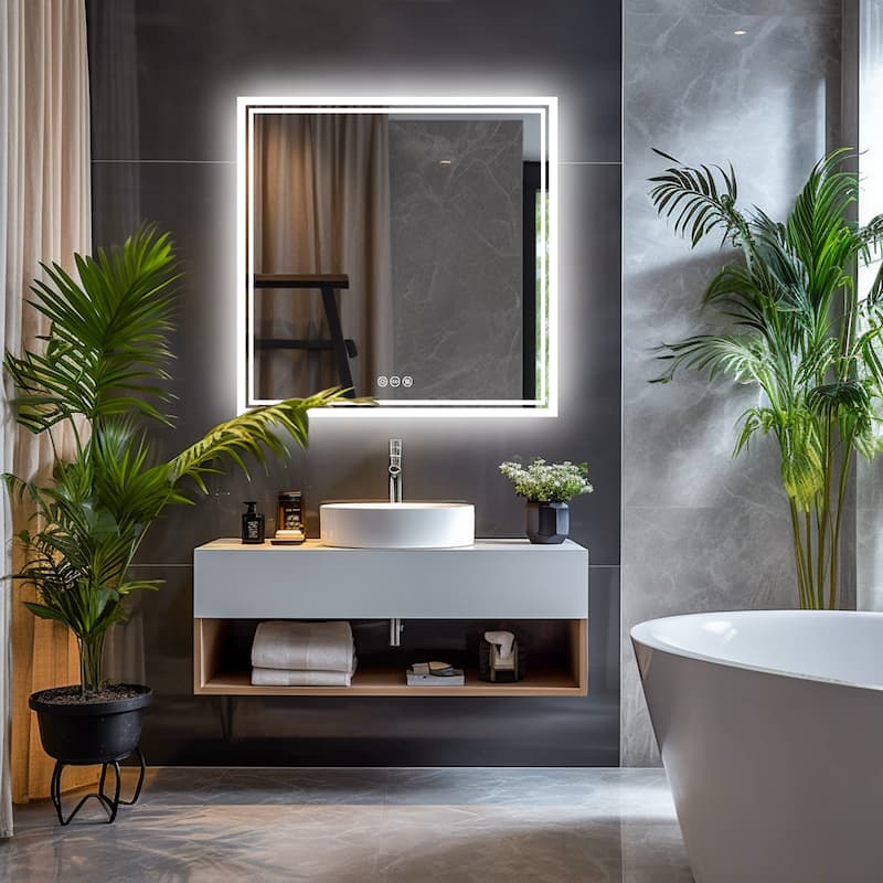 Square LED Bathroom Mirror Anti-Fog Dimmable Mirror - Silver - 32"