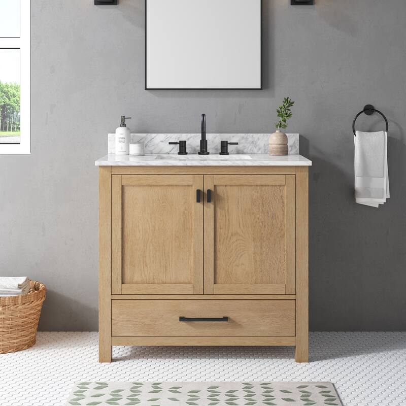 Avanity Modero 36 in. Single Sink Bathroom Vanity with Carrara Marble Top - 37"W x 22"D x 35"H - Brushed Oak