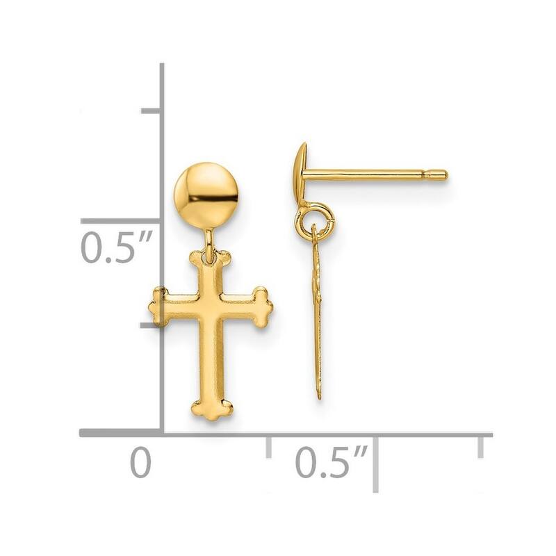 Curata 14k Yellow Gold 16.5x7.5mm Budded Cross Post Dangle Earrings