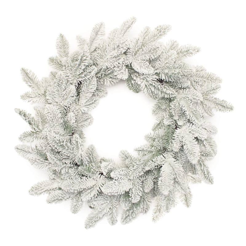 Snowy Flocked Pine Wreath 24.5” Rustic Winter Door Decor with Wired Branches, Indoor Christmas Holiday Decoration - White, Green